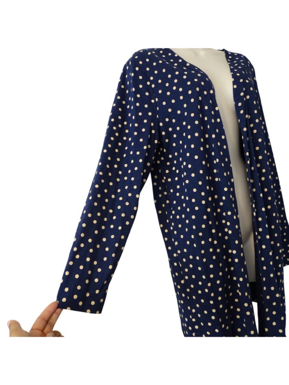 Chicos Women Open Front Blue Tan Cardigan Polka Dot Size 2 L Long Sleeve Office - Picture 2 of 11
